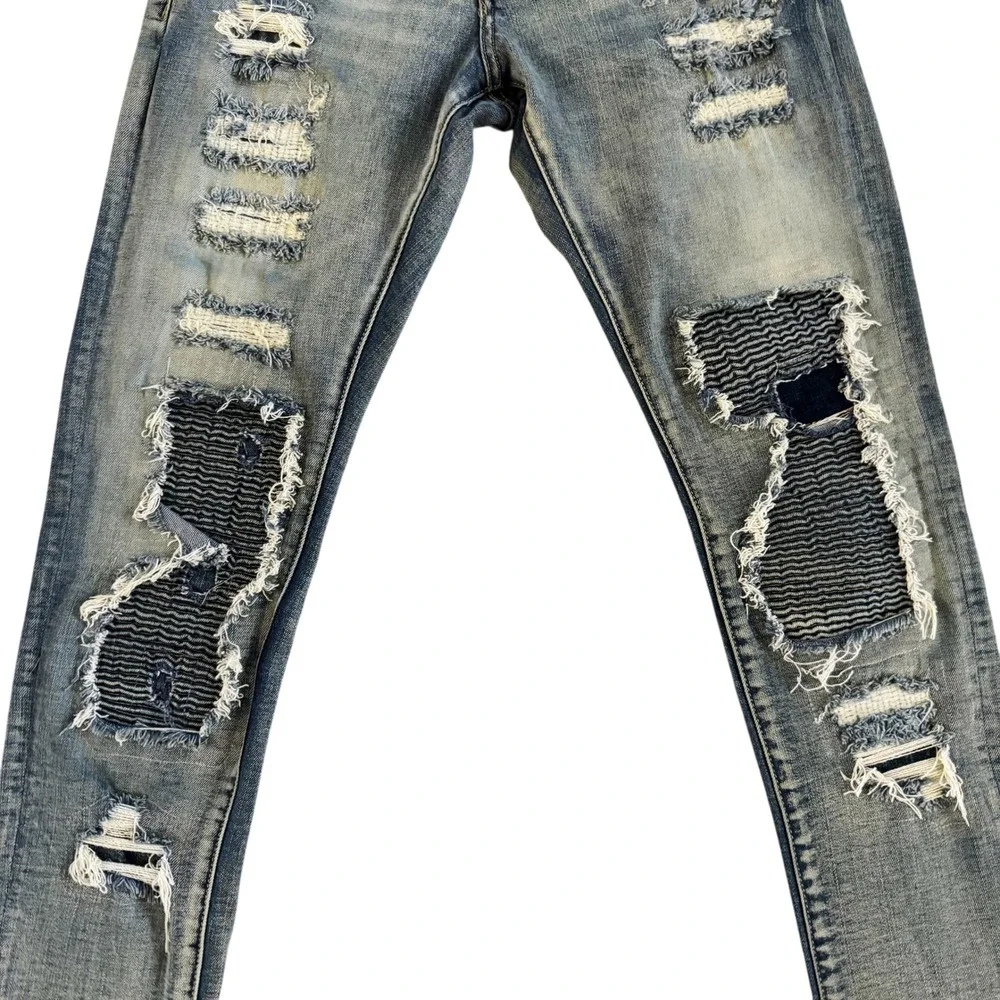 Crysp Denim Men's‎ Distressed Ripped Patch Jeans Sz 28 Blue 28x31 Moto Fit Biker